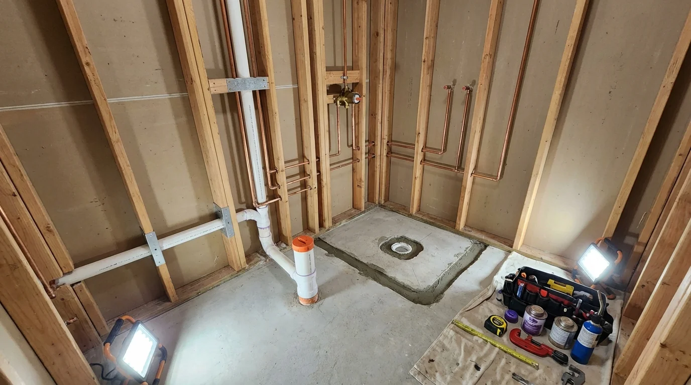 Bathroom rough-in plumbing during remodel by Johns Plumbing LLC in Gaylord