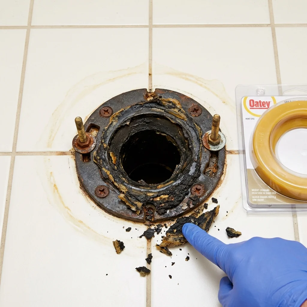 Failed wax ring showing water seepage at the base of a toilet in a Gaylord, MI home