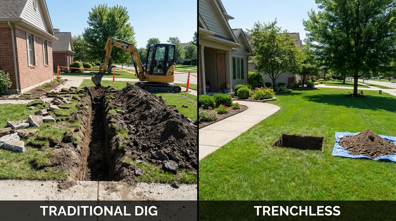 Trenchless sewer repair with minimal yard damage versus traditional excavation in Gaylord, MI