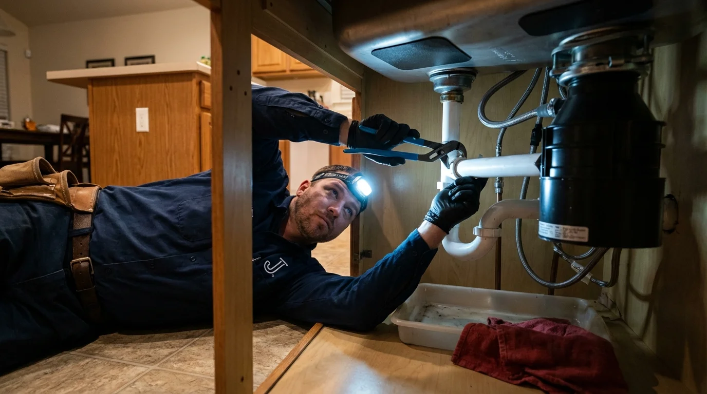 P-trap and supply line connections under a kitchen sink showing a common leak point in Gaylord, MI